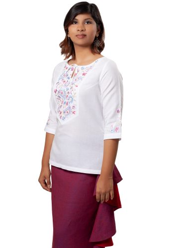 MINC ecofriendly couture fashion Embroidered Kurti in White Linen