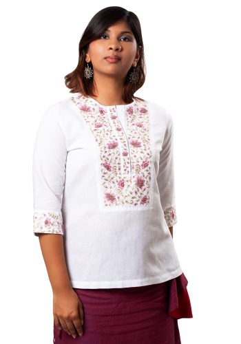 MINC ecofriendly scouture Rebecca Hand Embroidered White Linen Kurti