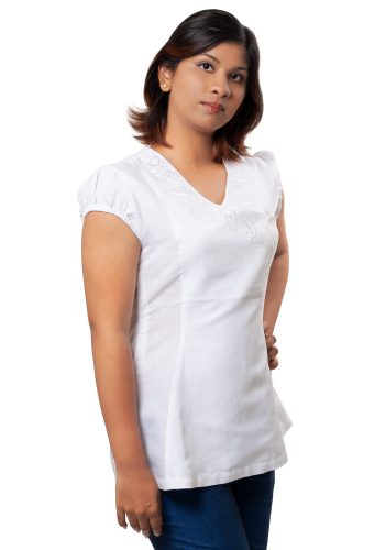 MINC womens ecofriendly clothing store Allison Asymmetric Embroidered Tie Top in White Linen