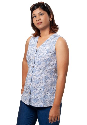 MINC womens ecofriendly clothing store Slim Fit V-Neck Shirt in Printed White Cotton