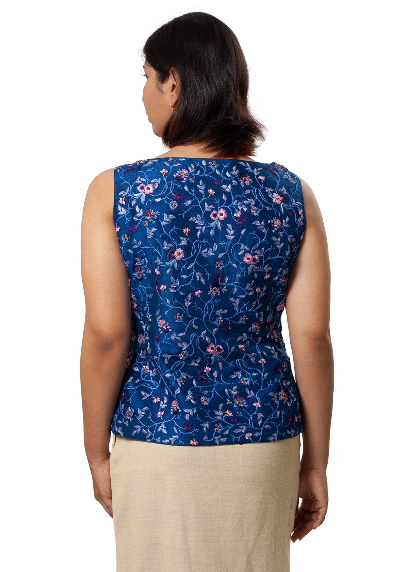 MINC womens high fashion Asymmetric Hand Embroidered Top in Blue Silk