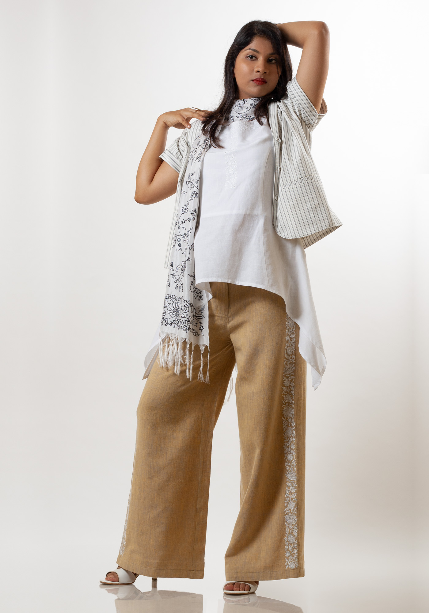 Khadi Palazzo Pants, Striped Summer Jacket, Embroidered Scarf and White Handkerchief Hem Tunic Lookbook