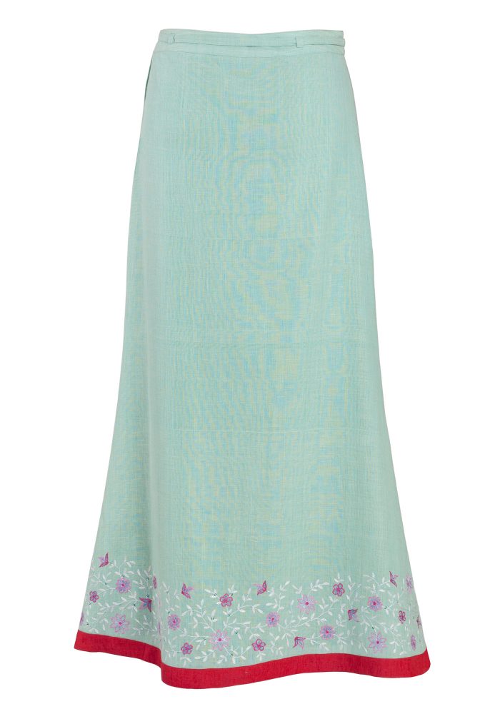 MINC Ankle Length Embroidered Skirt in Blue Green Khadi Cotton