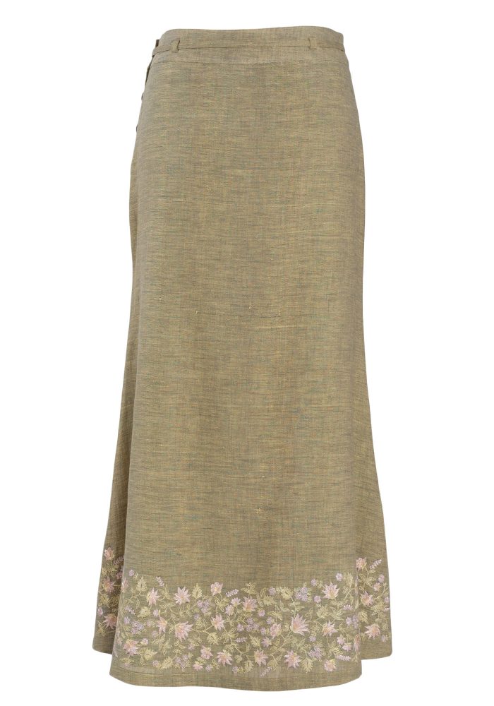 MINC Ankle Length Embroidered Skirt in Green Khadi Cotton