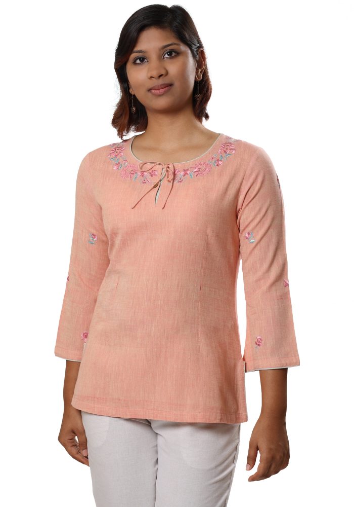 MINC Classic Embroidered Short Kurti In Orange Khadi Cotton