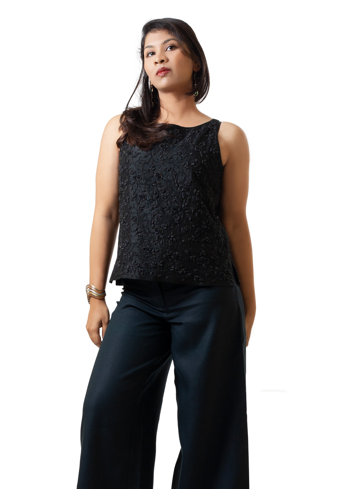 MINC Couture Sleeveless Hand Embroidered Black Beaded Top in Black Silk