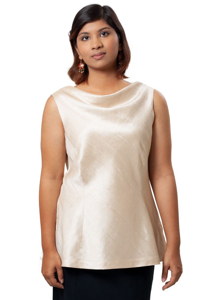 MINC Cowl Neck Short Top in Champagne Beige Silk