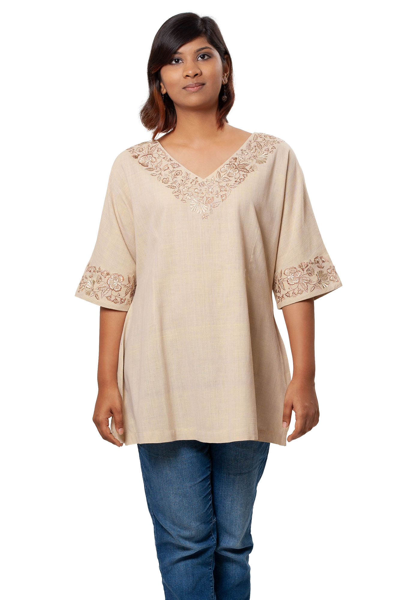 MINC Ecofashion Daywear Embroidered Kaftan Tunic in Beige Khadi Cotton