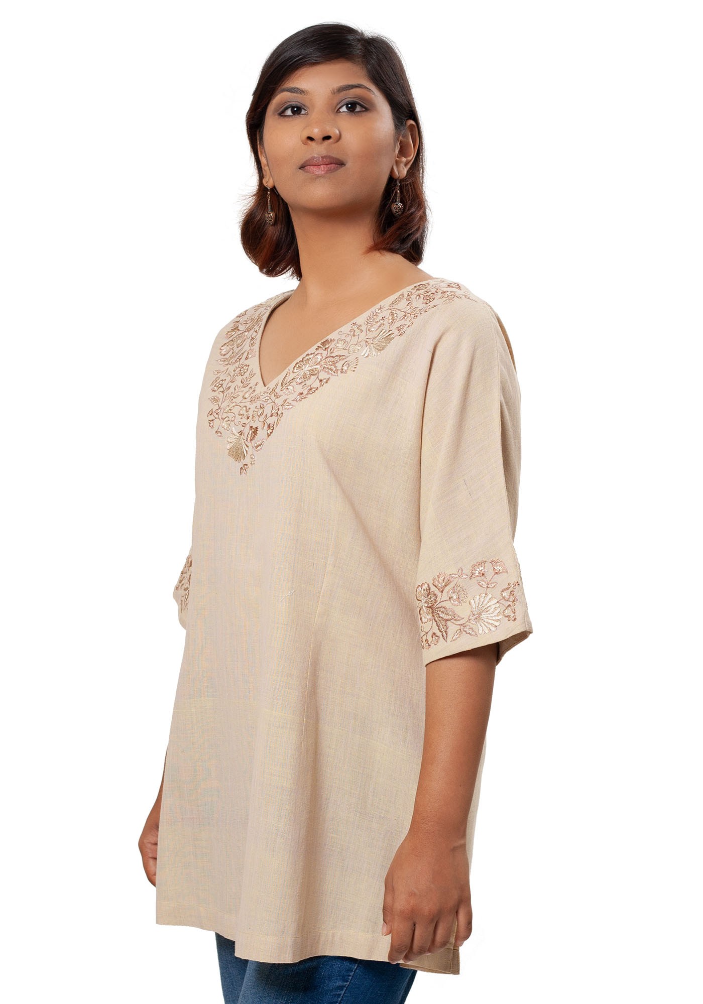 MINC Ecofashion Embroidered Kaftan Tunic in Beige Khadi Cotton