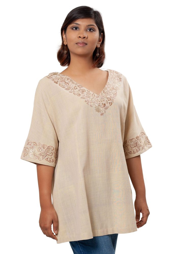 MINC Ecofashion Womens Embroidered Kaftan Tunic in Beige Khadi Cotton