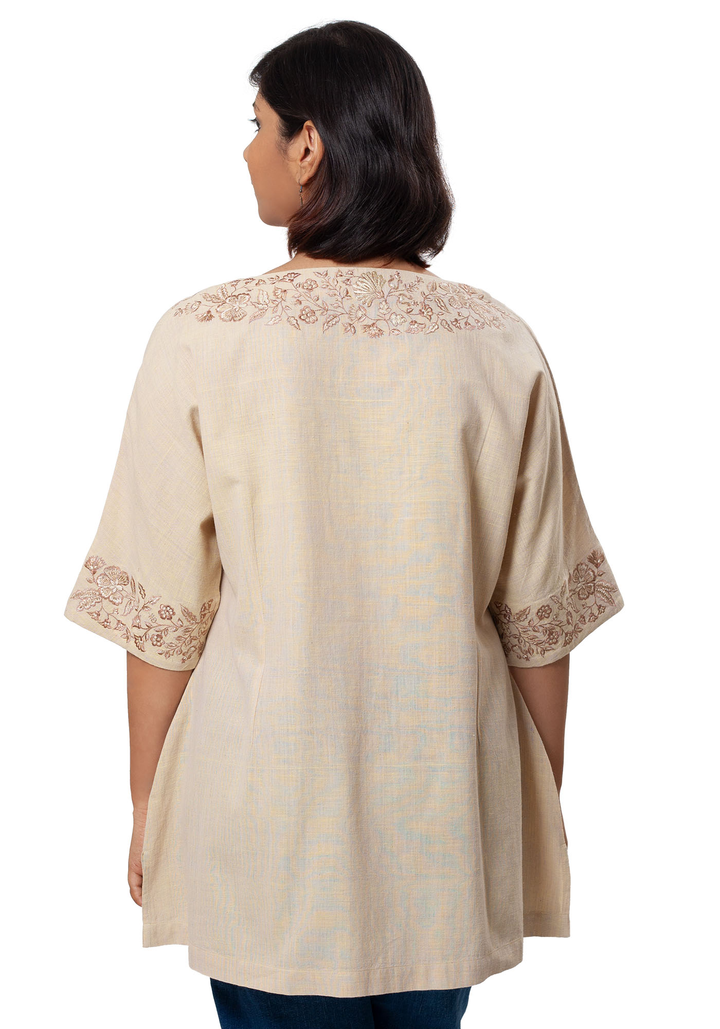MINC Ecofashion Womens High Fashion Daywear Embroidered Kaftan Tunic in Beige Khadi Cotton