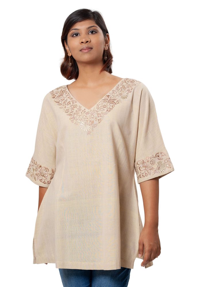 MINC Embroidered Kaftan Tunic in Beige Khadi Cotton