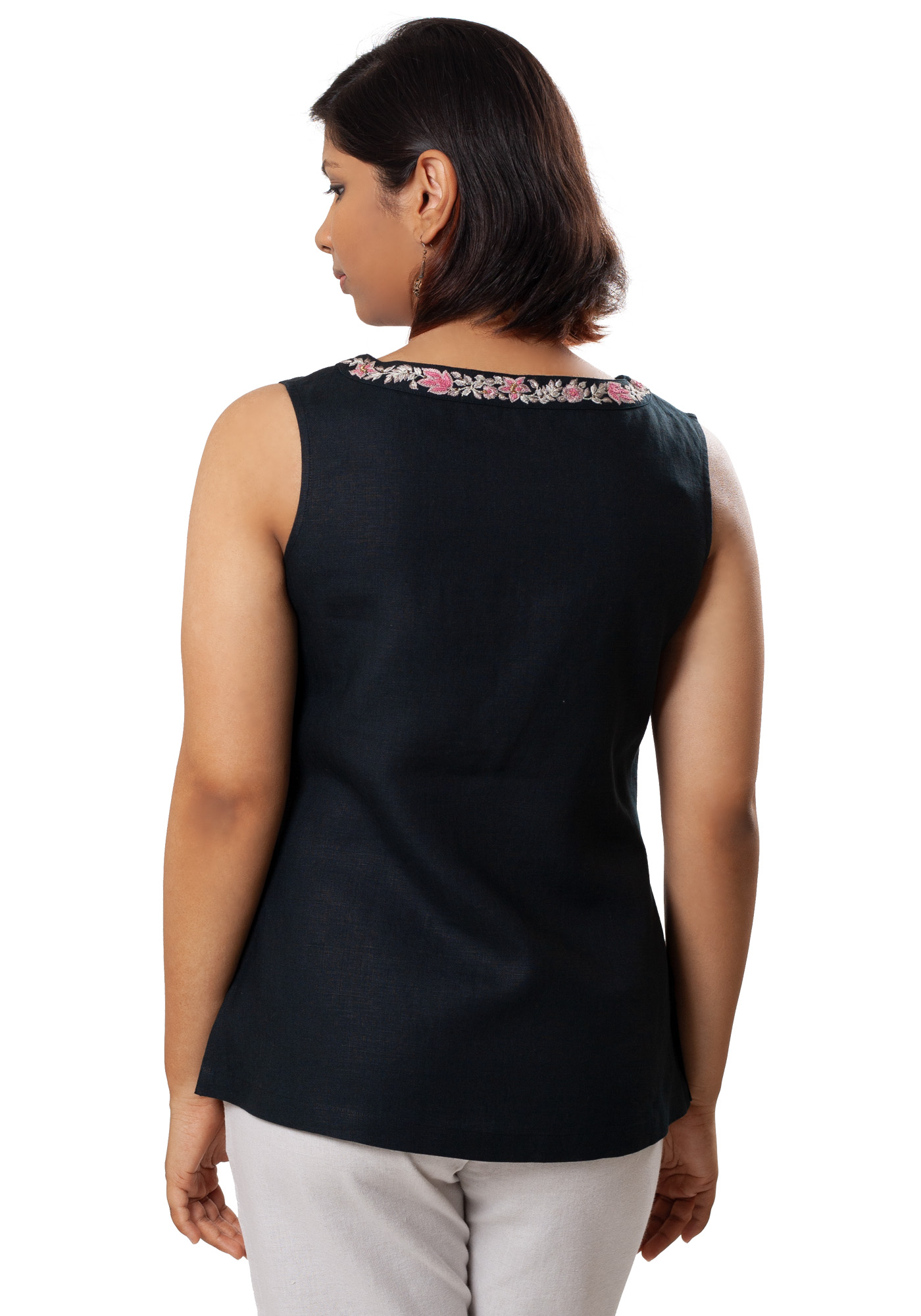 MINC Embroidered Sleeveless Linen Top in Black