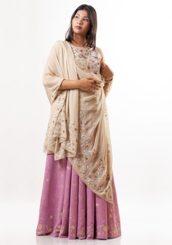 MINC Hand Embroidered Dupatta in Beige Silk Georgette