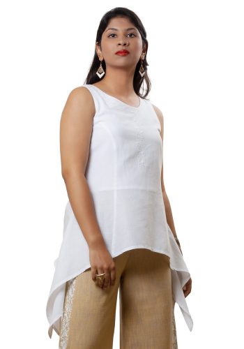 MINC Handkerchief Hem Embroidered Tunic in White Linen
