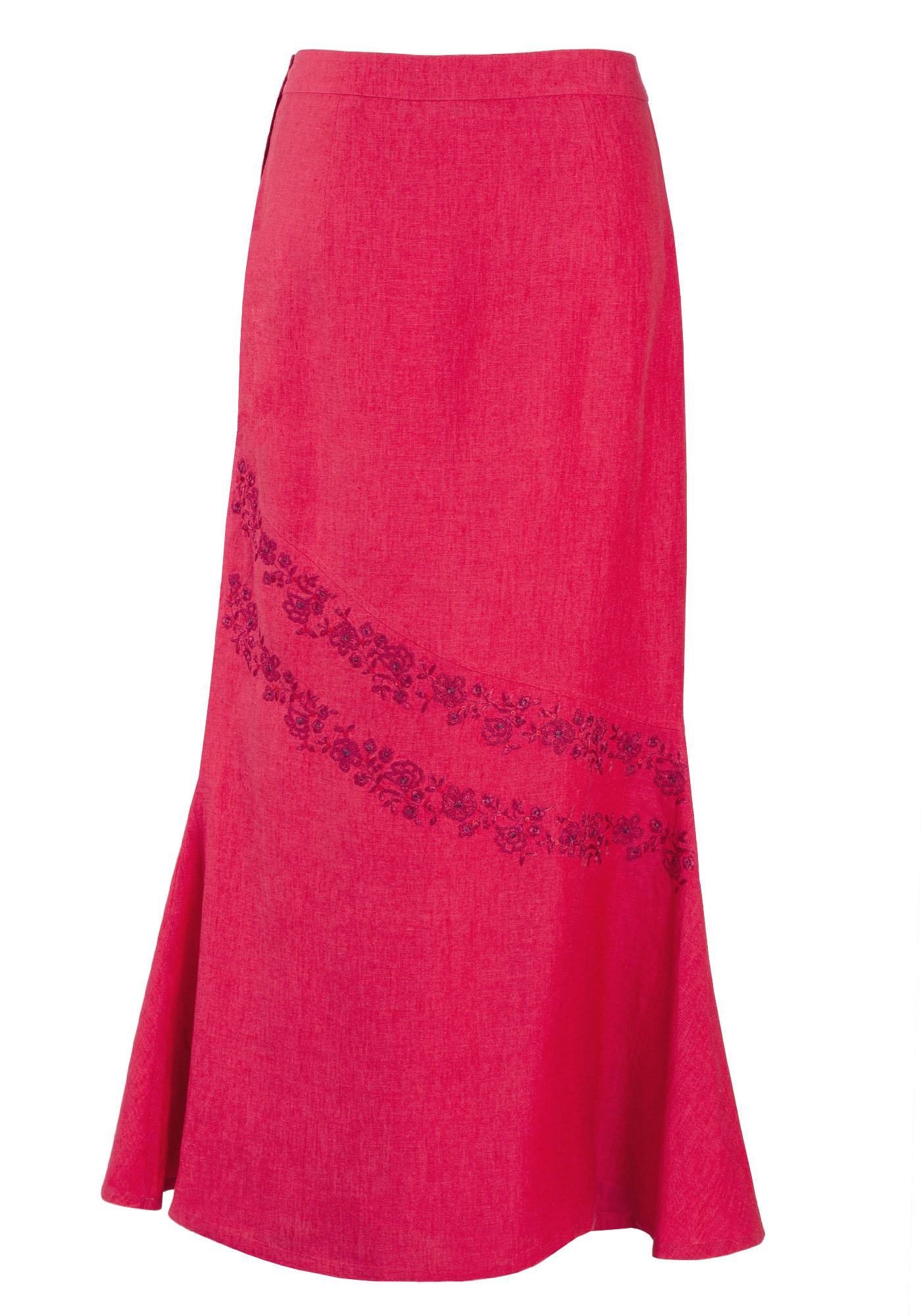 MINC Maxi Skirt in Fuchsia Linen with Floral Embroidery