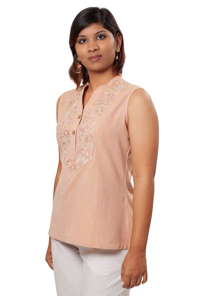 MINC Sleeveless Floral Embroidered Tunic in Beige Khadi Cotton