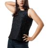 MINC Sleeveless Hand Embroidered Black Beaded Top in Black Silk