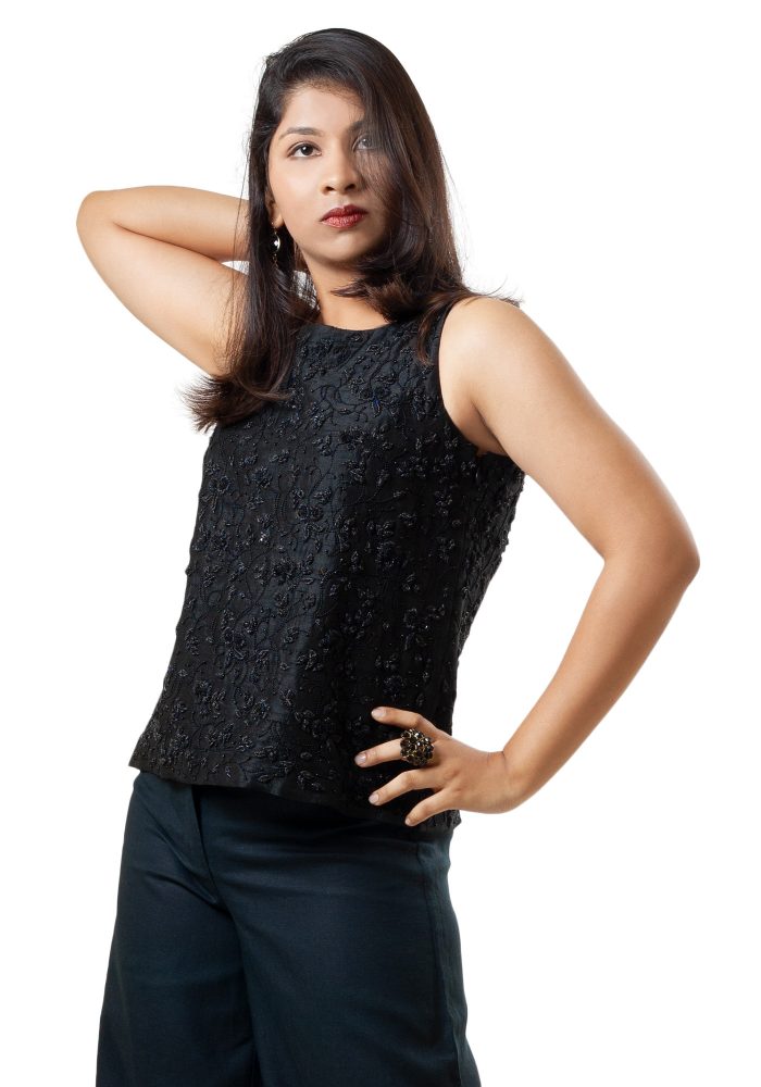 MINC Sleeveless Hand Embroidered Black Beaded Top in Black Silk