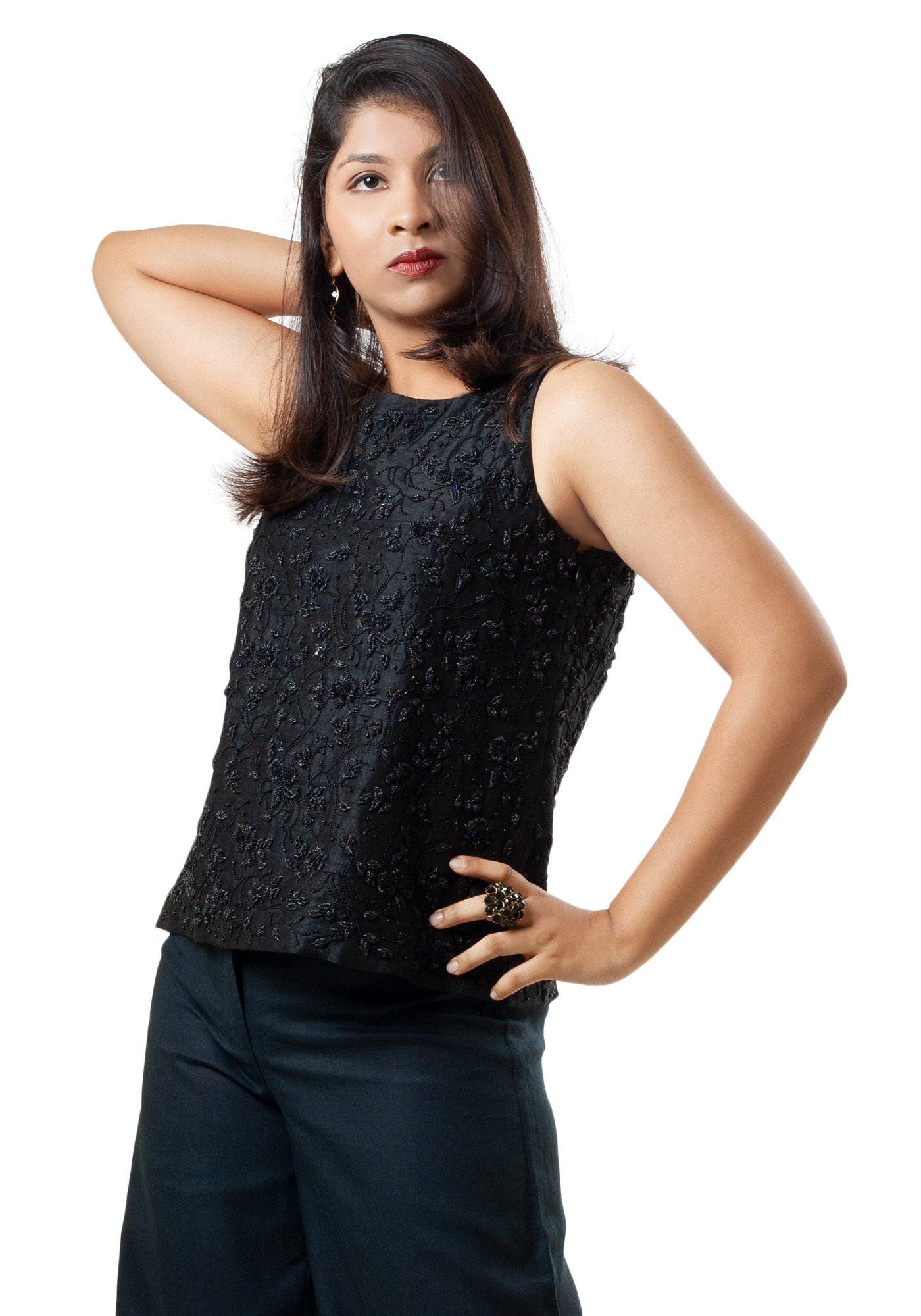 MINC Sleeveless Hand Embroidered Black Beaded Top in Black Silk