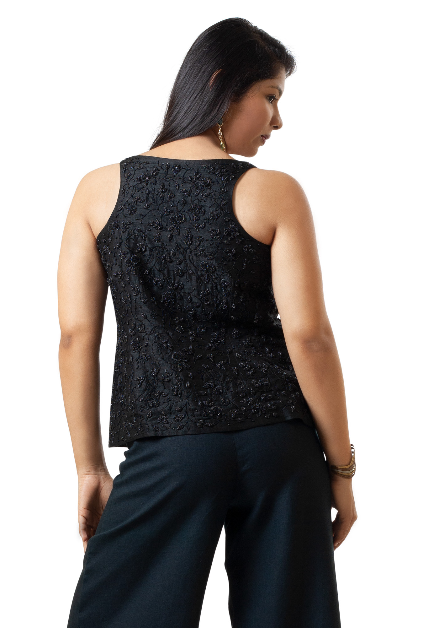 MINC Sleeveless Hand Embroidered Sleeveless Black Beaded Top in Black Silk