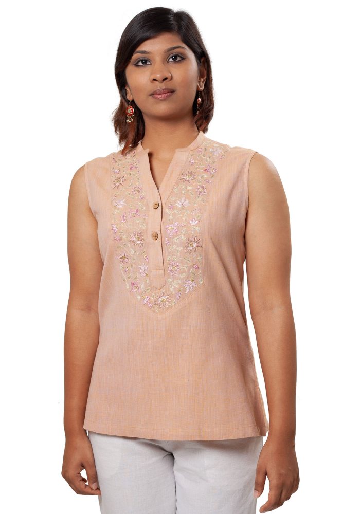 MINC Womens Sleeveless Embroidered Tunic in Beige Khadi Cotton