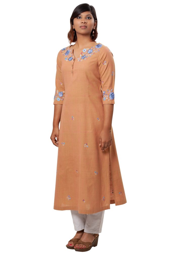 MINC eco fashion Embroidered Kurti in Orange Khadi Cotton