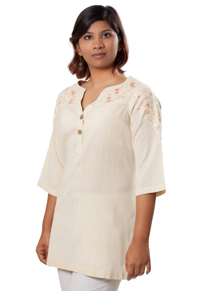 MINC eco fashion for women Embroidered Kurti in Yellow Khadi Cotton