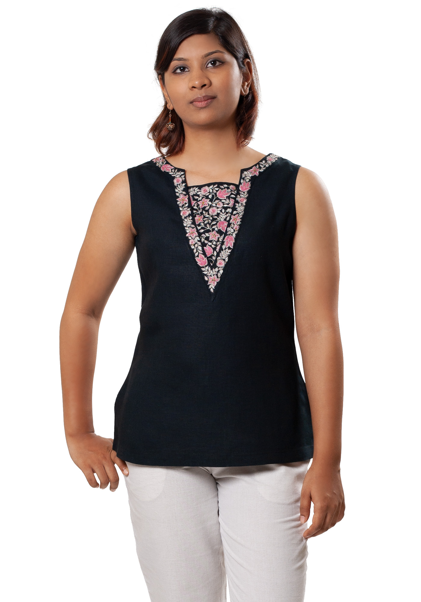 MINC eco fashion womens Embroidered Sleeveless Linen Top in Black
