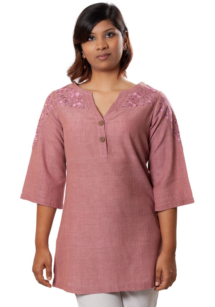 MINC eco friendly smart casuals Embroidered Kurti in Pink Khadi Cotton