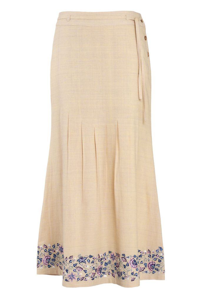 MINC ecofashion Ankle Length Embroidered Skirt in Beige Khadi Cotton