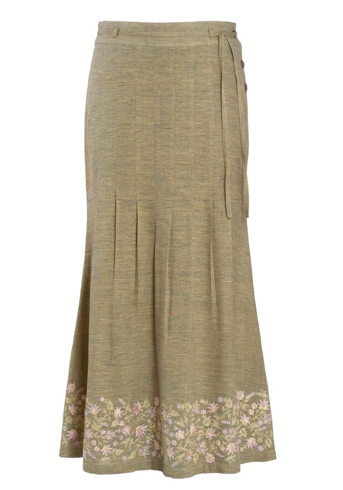 MINC ecofashion Ankle Length Embroidered Skirt in Green Khadi Cotton
