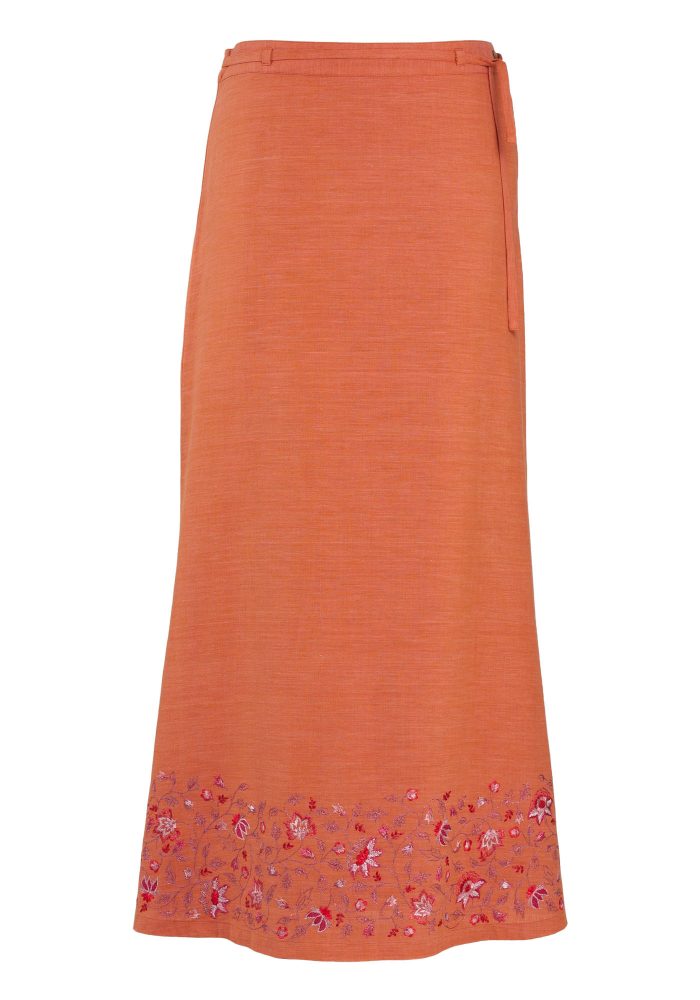 MINC ecofashion Ankle Length Embroidered Skirt in Orange Khadi Cotton
