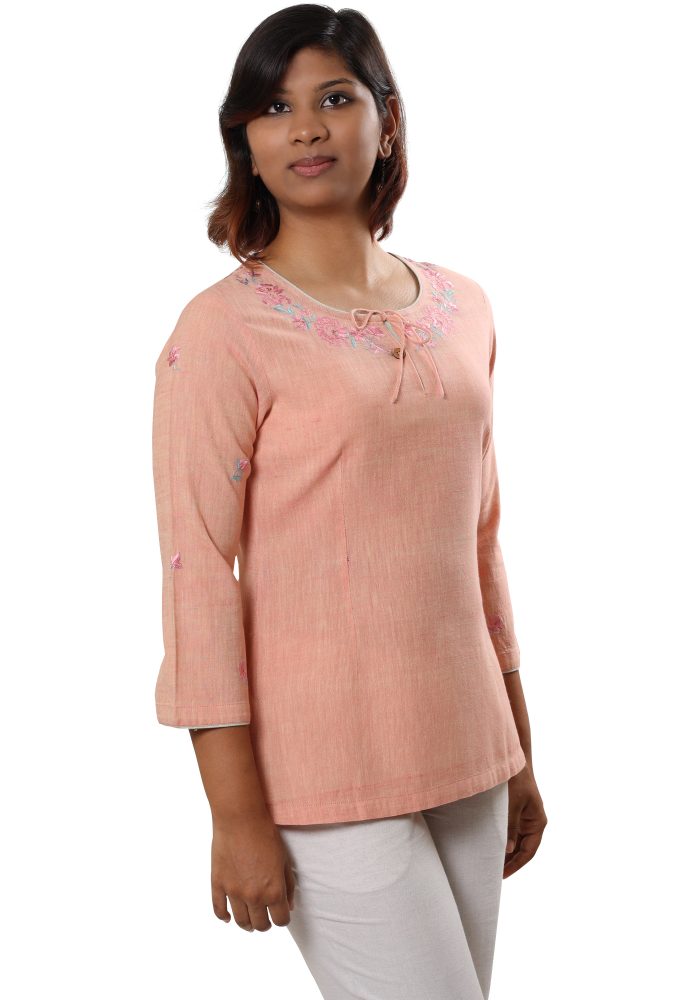 MINC ecofashion Classic Embroidered Short Kurti In Orange Khadi Cotton