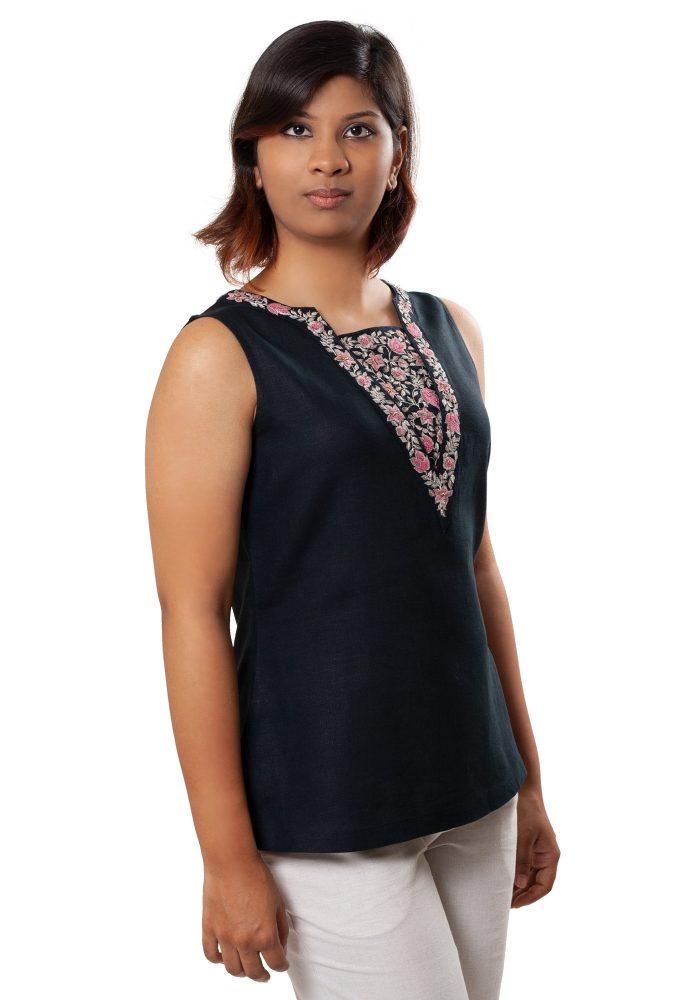MINC ecofashion Embroidered Sleeveless Linen Top in Black