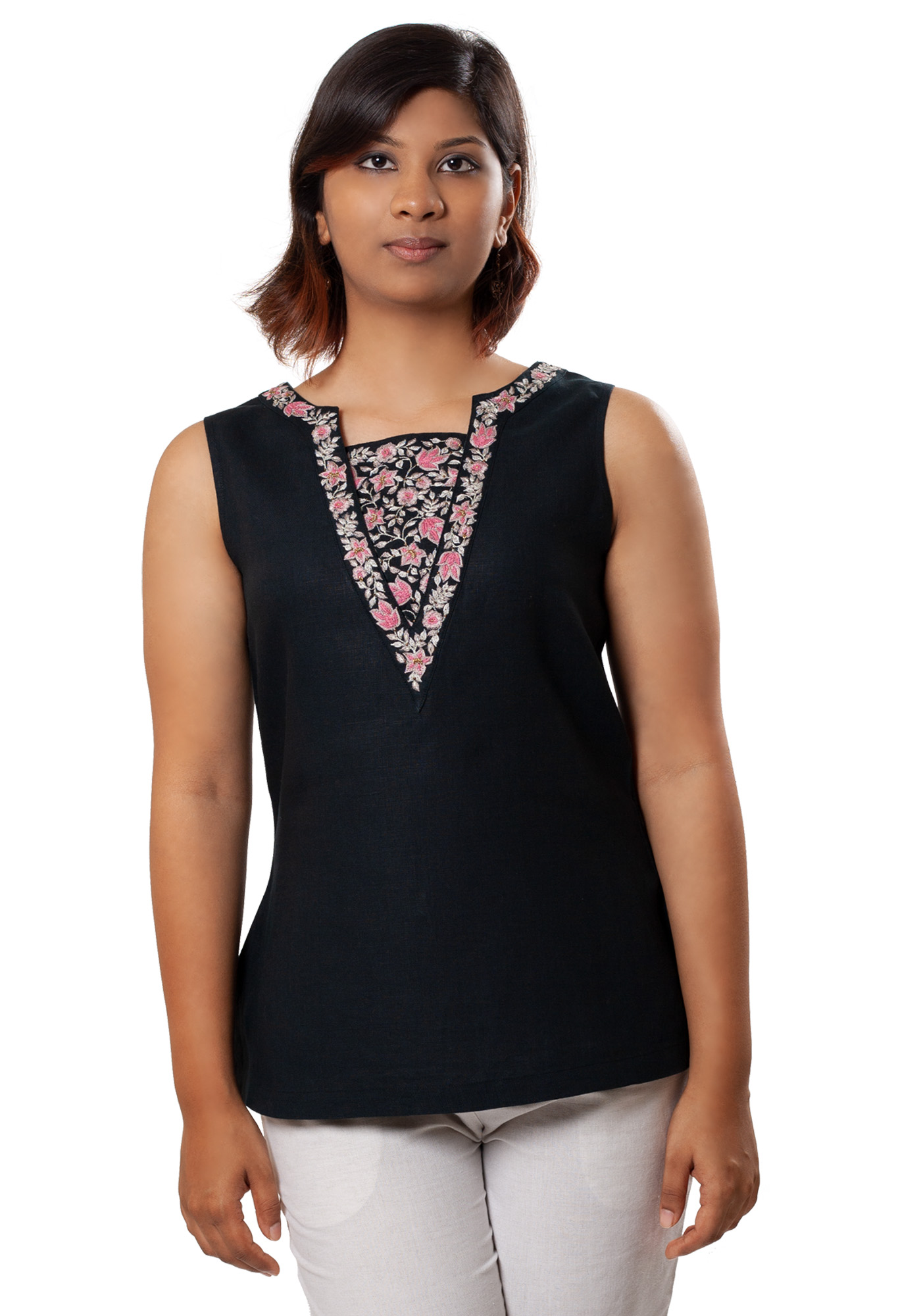 MINC ecofashion womens Embroidered Sleeveless Linen Top in Black