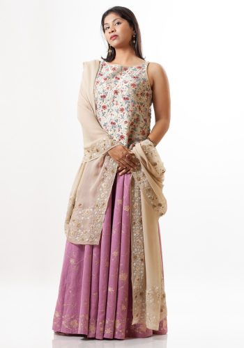 MINC ecofriendly couture Hand Embroidered Dupatta in Beige Silk Georgette