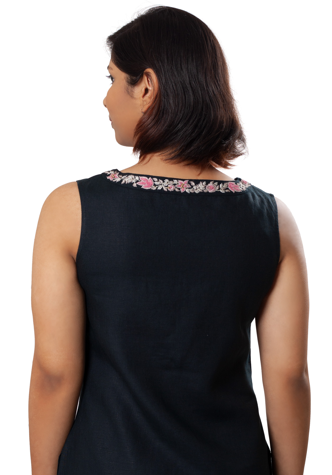 MINC high fashion ecofriendly fashion Embroidered Sleeveless Linen Top in Black