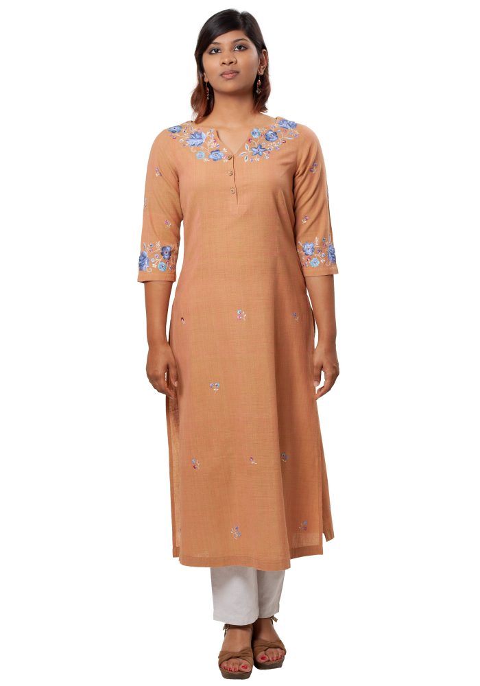 MINC womens couture Embroidered Kurti in Orange Khadi Cotton