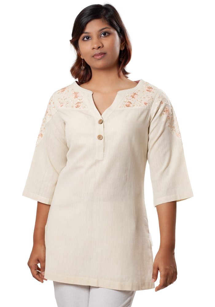 MINC womens smart casuals Embroidered Kurti in Yellow Khadi Cotton