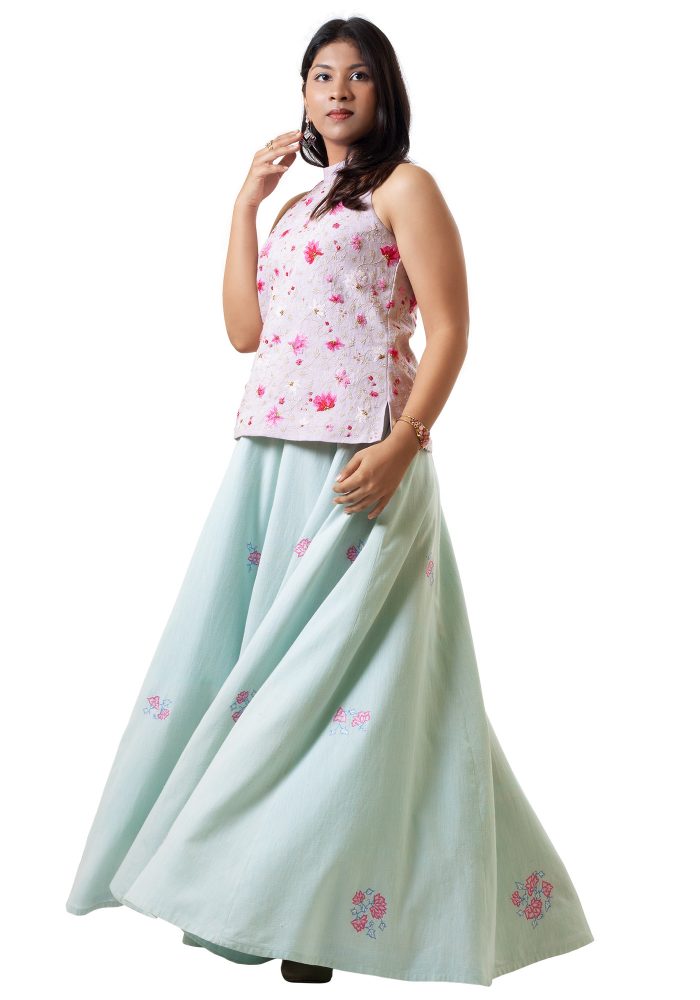 MINC Ankle Length Embroidered Light Blue Khadi Cotton Lehenga