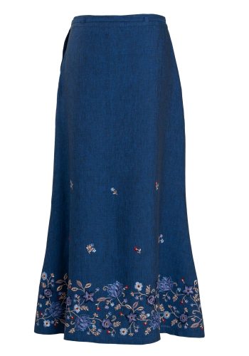 MINC Ankle Length Embroidered Skirt in Blue Linen