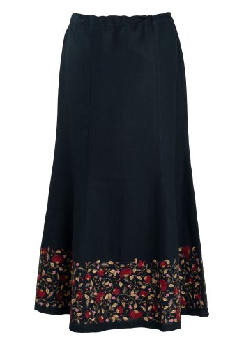 MINC Ankle length Skirt in Black Linen with Floral Embroidery