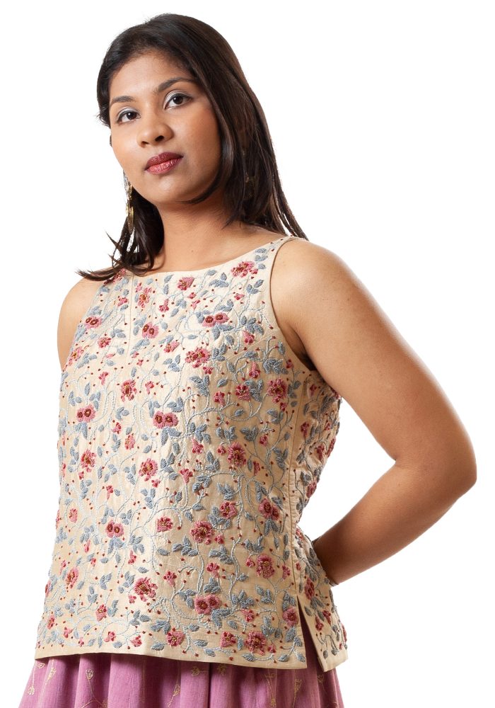 MINC Eco Fashion Sleeveless Hand Embroidered Beige Silk Top