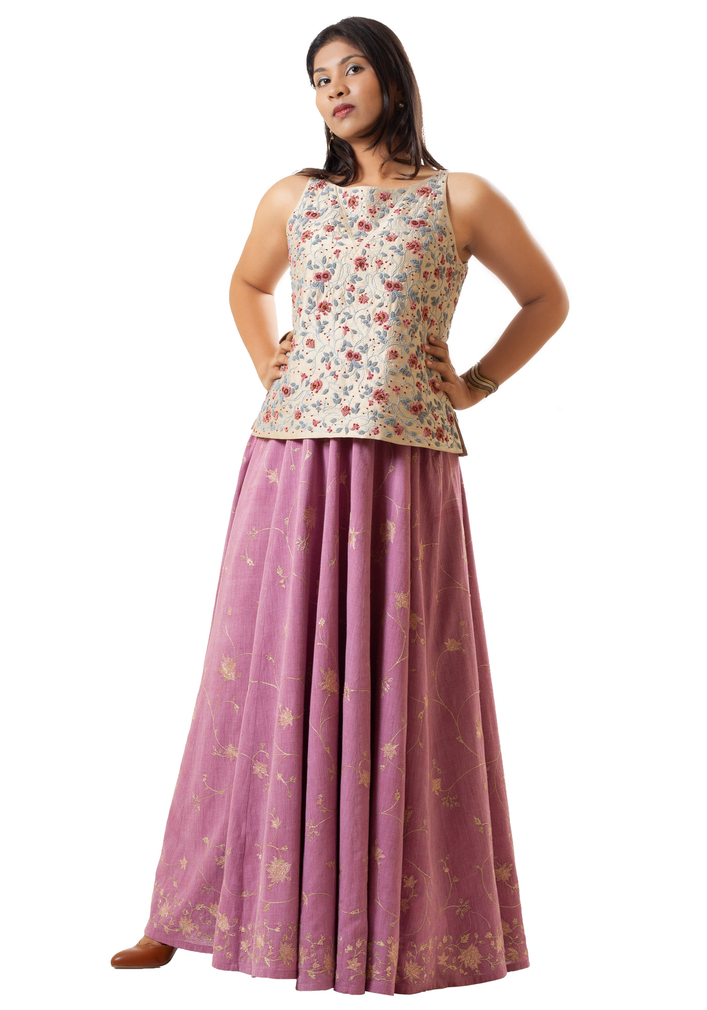 MINC Embroidered Pink Khadi Cotton Lehenga