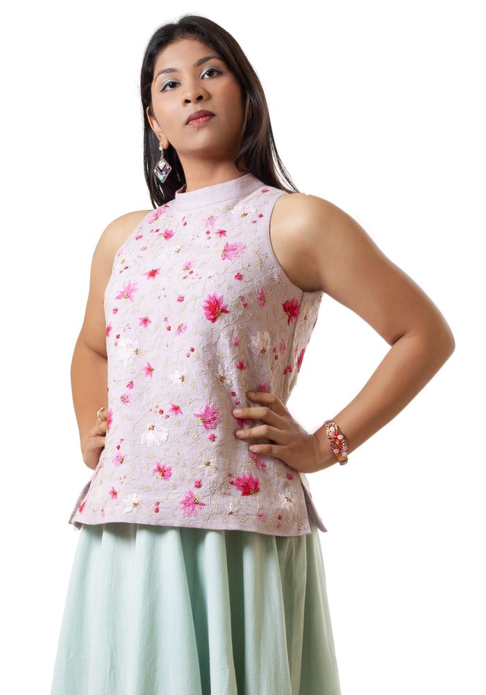 MINC Hand Embroidered Cut Away Shoulder Top In Lilac Linen