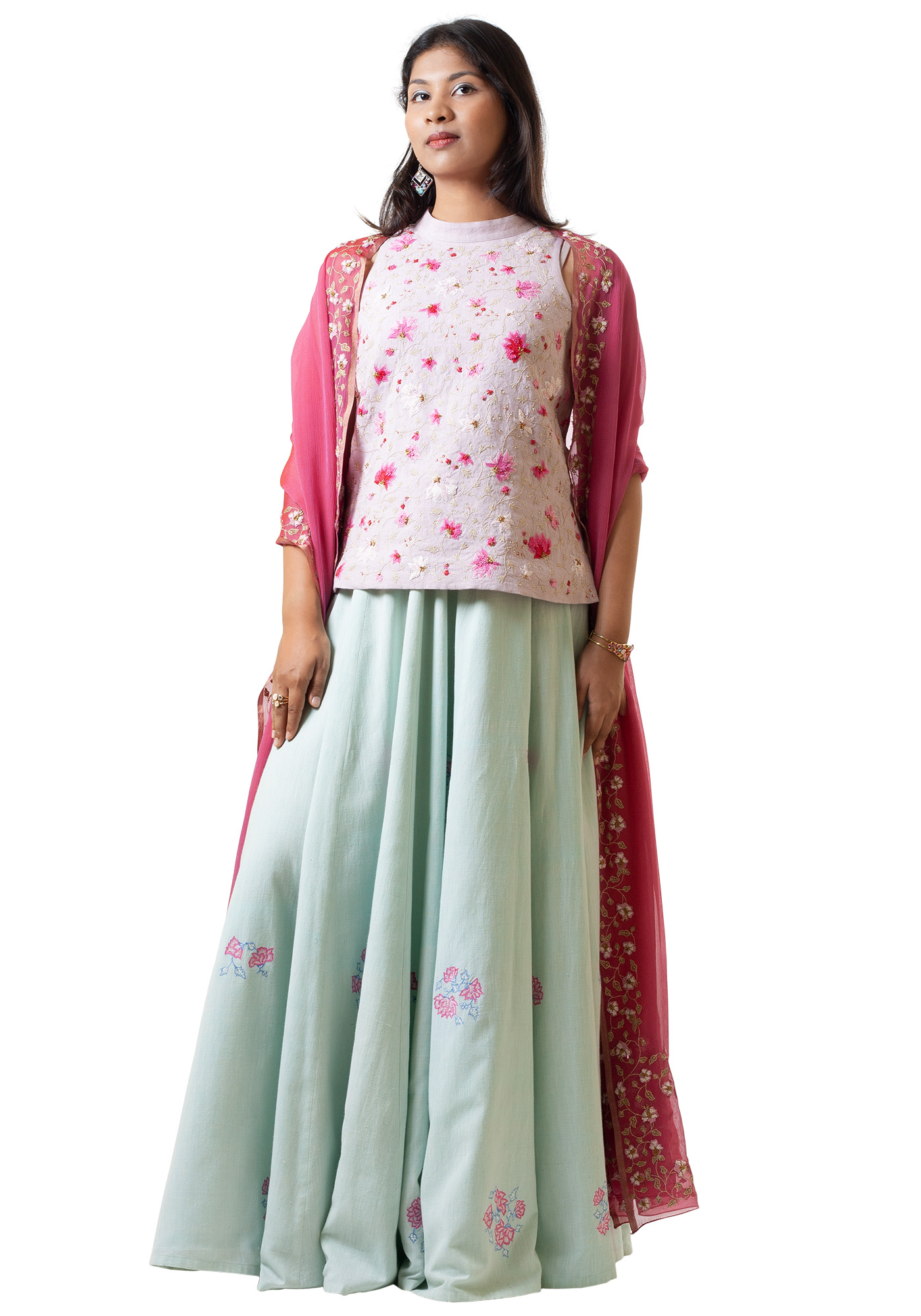 MINC Hand Embroidered Dupatta in Sangria Silk Georgette