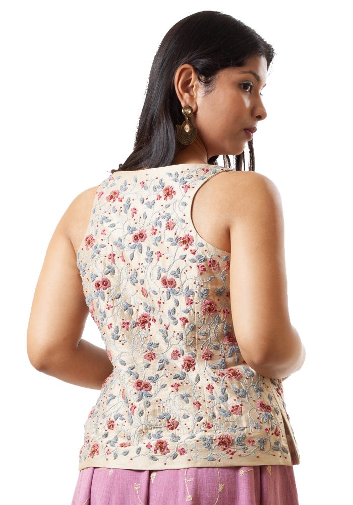 MINC Sleeveless Hand Embroidered Beige Silk Top