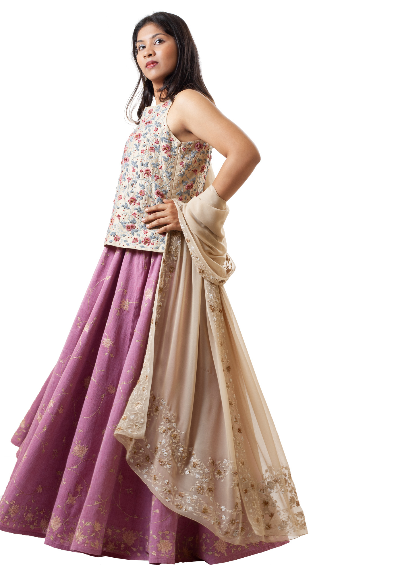 MINC Womens High Fashion Bridal Couture Embroidered Pink Khadi Cotton Lehenga