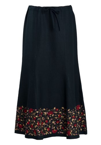 MINC ecofashion Ankle length Skirt in Black Linen with Floral Embroidery